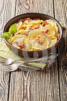 Italian Traditional Dish Girasoli Pasta with cheese and bacon on plate. Vertical photo