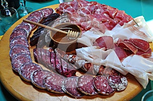 Italian traditional mountain salami and ham.