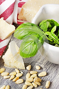 Italian traditional pasta ingredients on a wooden table