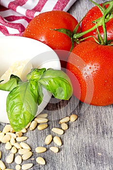 Italian traditional pasta ingredients on a wooden table