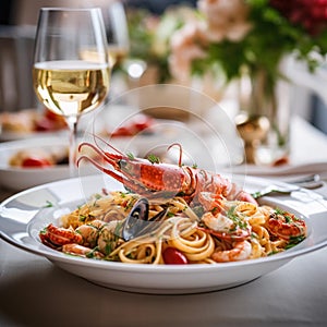 Italian Traditional seafood spaghetti. Seafood pasta made from spaghetti with mixed seafood,olive oil,garlics,white wine,cherry