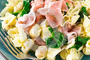 Italian traditional tortellini pasta Perline al prosciutto crudo