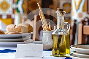 italian trattoria setting with olive oil bottle, breadsticks, and an empty place card