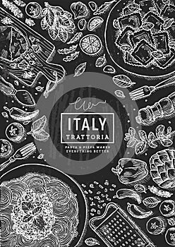 Italian trattoria top view illustration. Spagetti and ravioli table background. Engraved style illustration. Hero image.