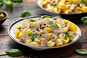 Italian Tuna conchiglie pasta with green beans, olives and red onion. Healthy diet food