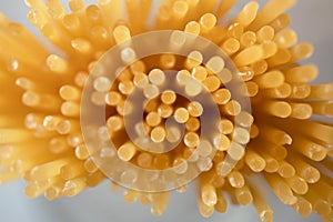 Italian uncooked spaghetti, top view. Texture of pasta with selective focus viewed from above, closeup. Food background