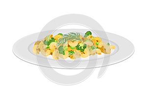 Italian Vegetarian Pasta with Shaped Alimentary Products and Broccoli Vector Illustration