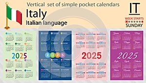 Italian vertical set of pocket calendar for 2025. Week starts Sunday