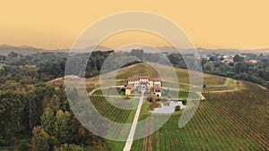 Italian villa. vineyards. Drone view of beautiful ancient Italian villa or estate in the middle of vineyards. Even rows