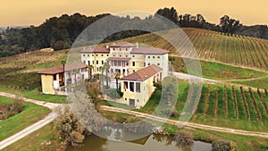 Italian villa. vineyards. Drone view of beautiful ancient Italian villa or estate in the middle of vineyards. Even rows