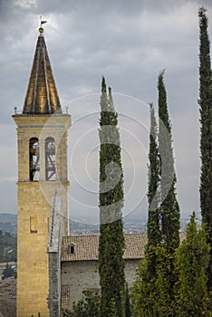 Italian village. Bell tower of the Cathedral of Spoleto, Santa Maria Assunta