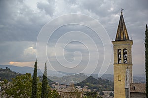 Italian village. Bell tower of the Cathedral of Spoleto, Santa Maria Assunta