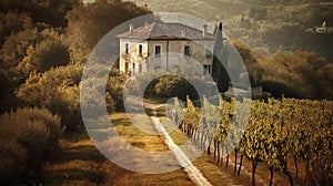 Italian vineyard landscape with a hous. Generative AI