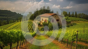 Italian vineyard landscape with a hous. Generative AI