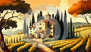 Italian vineyard landscape with a hous. Generative AI