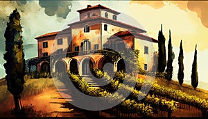 Italian vineyard landscape with a hous. Generative AI