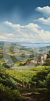 Italian Vineyard Landscape Painting In Detailed Realism Style