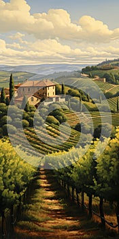 Italian Vineyard Landscape Painting With Masterful Shading