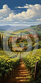 Italian Vineyard Landscape Painting In The Style Of Dalhart Windberg