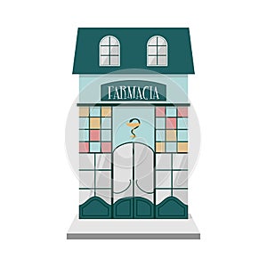 Italian vintage pharmacy exterior front view. Healthcare and medicine. Isolated flat vector illustration.