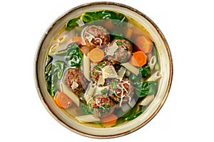 Italian wedding soup with meatballs, spinach, carrots, onions, pasta, and Parmesan cheese in a flavorful broth.