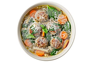 Italian wedding soup with meatballs, spinach, carrots, onions, pasta, and Parmesan cheese in a flavorful broth.