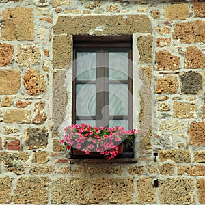 Italian window with nice flowers in old stone house, Tuscany, It