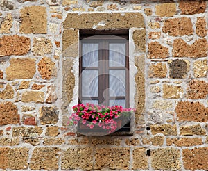 Italian window with nice flowers in old stone house, Tuscany, It