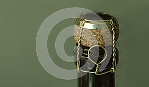 Italian Wine bottle neck with cork fastened with wire side view with copyspace