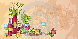 Italian wine sketch illustration with cheese, glasses, vines, grapes, bottles.