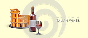 Italian wines. Realistic Colosseum, corked bottle, glass of red wine