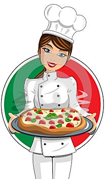 Italian Woman Cook Uniform serving Pizza