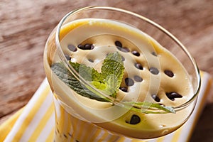 Italian Zabaione cream with chocolate and mint macro. horizontal