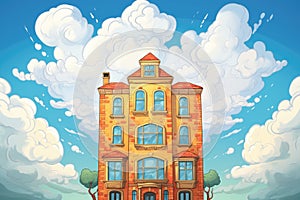 italianate building against a dramatic sky, focusing on windows, magazine style illustration
