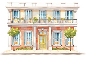 italianate facade with deep eaves and decorative columns, magazine style illustration