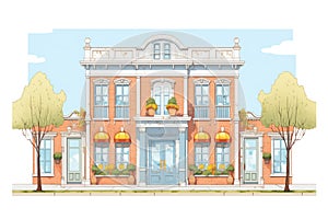 italianate facade with deep eaves and decorative columns, magazine style illustration