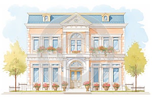 italianate facade with deep eaves and decorative columns, magazine style illustration