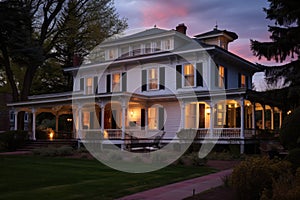 italianate mansion with deep eaves at dusk, lights shining from windows