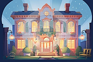 italianate mansion with deep eaves at dusk, lights shining from windows, magazine style illustration