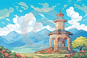 italianate tower and cupola against a mountain range backdrop, magazine style illustration