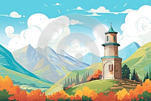 italianate tower and cupola against a mountain range backdrop, magazine style illustration