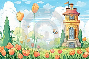 italianate tower seen over blooming tulips in garden, magazine style illustration