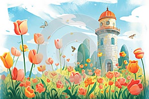 italianate tower seen over blooming tulips in garden, magazine style illustration