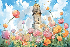 italianate tower seen over blooming tulips in garden, magazine style illustration