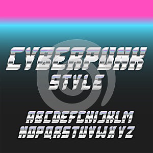 Italic bold font stainless glowing blue and pink neon letters, electric cyberpunk style modern typeface