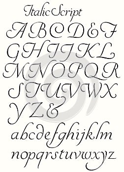 Italic Script Alphabet Capitals and Small letters. photo