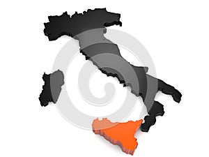 Italy 3d black and orange map, whith sicily region highlighted