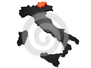 Italy 3d black and orange map, whith trentino region highlighted