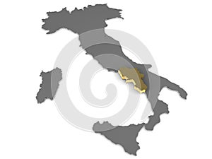 Italy 3d metallic map, whith campania region highlighted