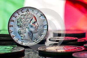 Italy 5 Lire Coin 1978 Obverse Italian Flag Background Macro